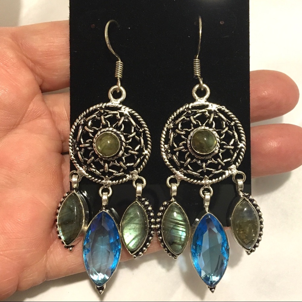 Labradorite and blue quartz dreamcatcher earrings